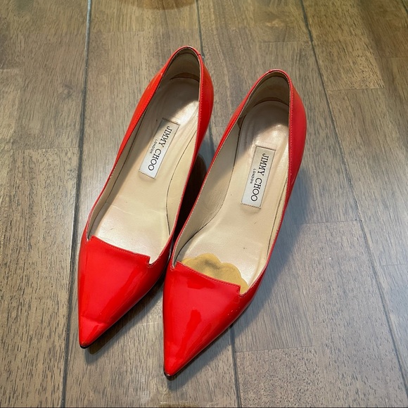 Jimmy Choo Shoes - Jimmy Choo Red Patent Kitten Heel Pumps Size 381/2